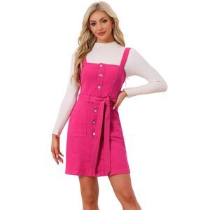 Women's Classic Adjustable Strap A-Line Overall Denim Dress Hot Pink